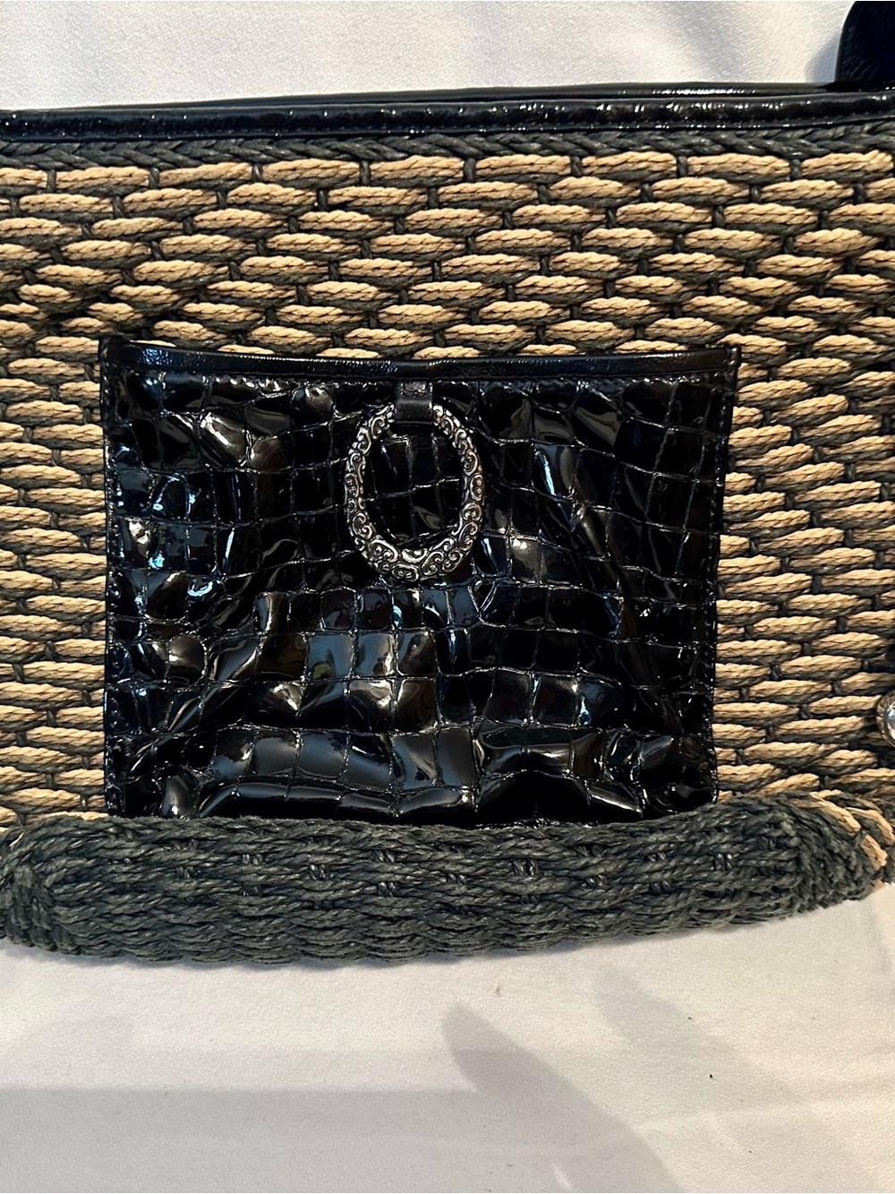 Brighton Janie Woven Jute Tote with Black Patent Croc Accent